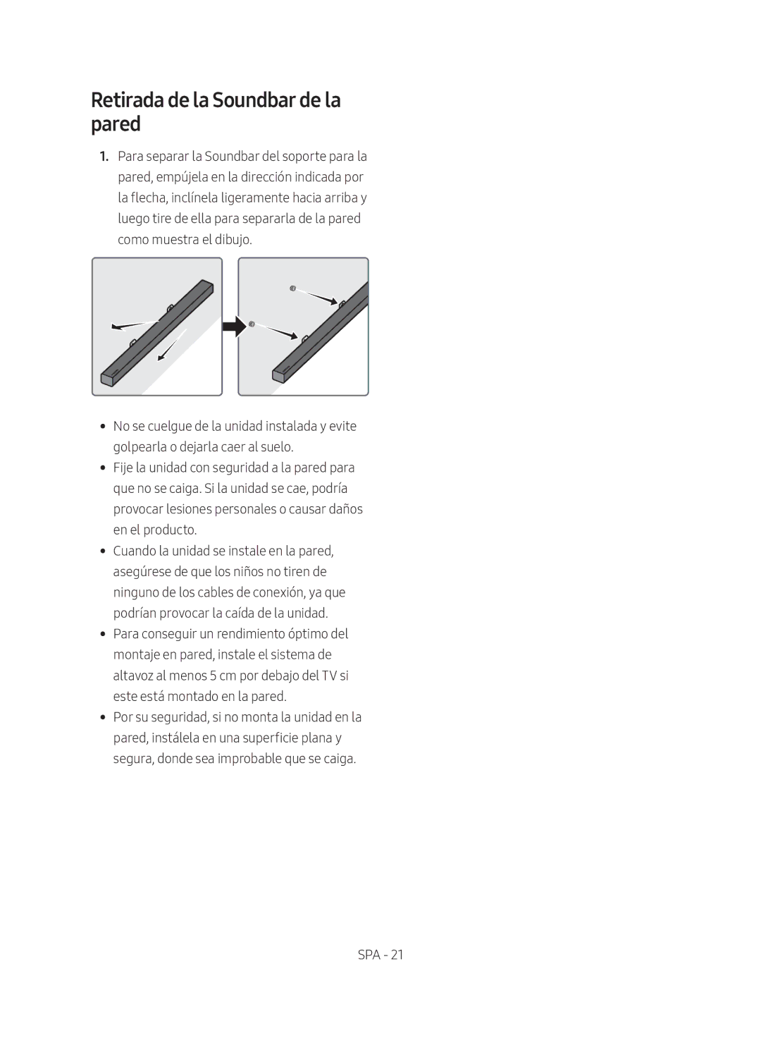 Samsung HW-M450/ZF, HW-M450/EN, HW-M450/ZG manual Retirada de la Soundbar de la pared 