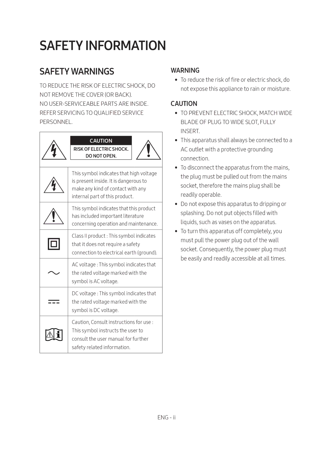 Samsung HW-M450/ZF, HW-M450/EN, HW-M450/ZG manual Safety Information, Safety Warnings 