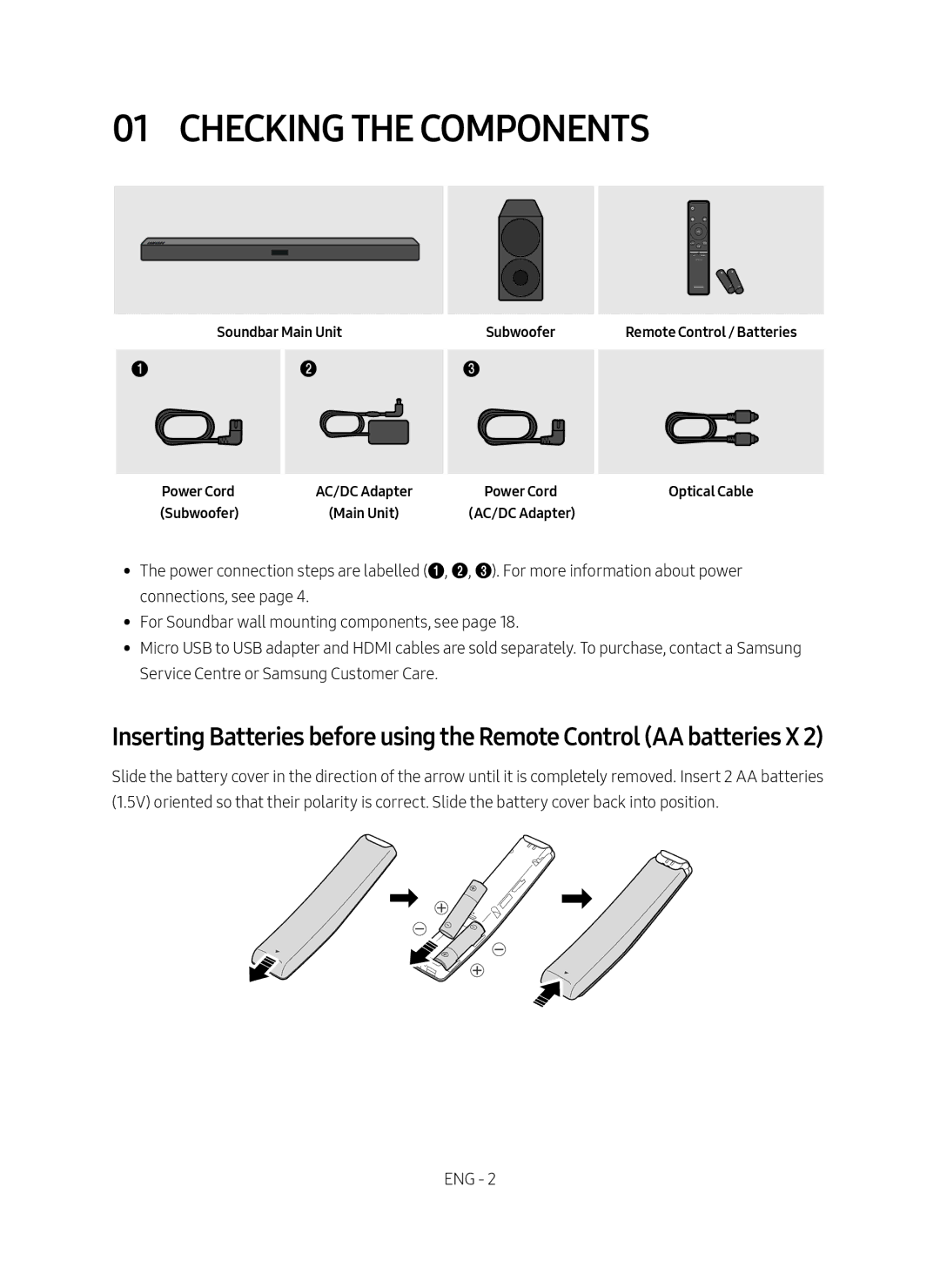 Samsung HW-M450/EN, HW-M450/ZG, HW-M450/ZF manual Checking the Components, Soundbar Main Unit Power Cord, Subwoofer 