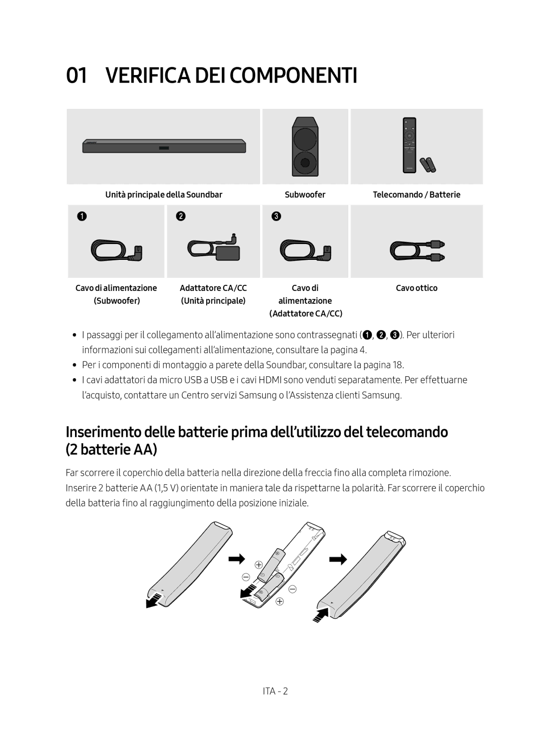 Samsung HW-M450/ZF, HW-M450/EN, HW-M450/ZG manual Verifica DEI Componenti, Unità principale della Soundbar Subwoofer 