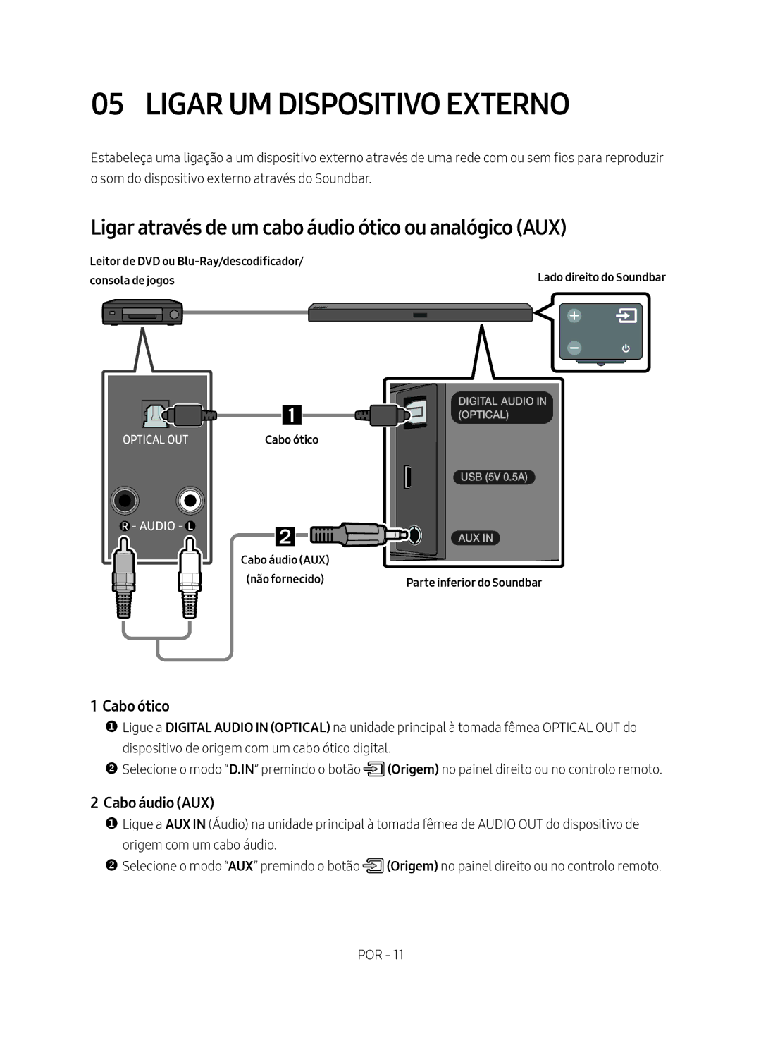 Samsung HW-M450/EN manual Ligar UM Dispositivo Externo, Ligar através de um cabo áudio ótico ou analógico AUX, Cabo ótico 