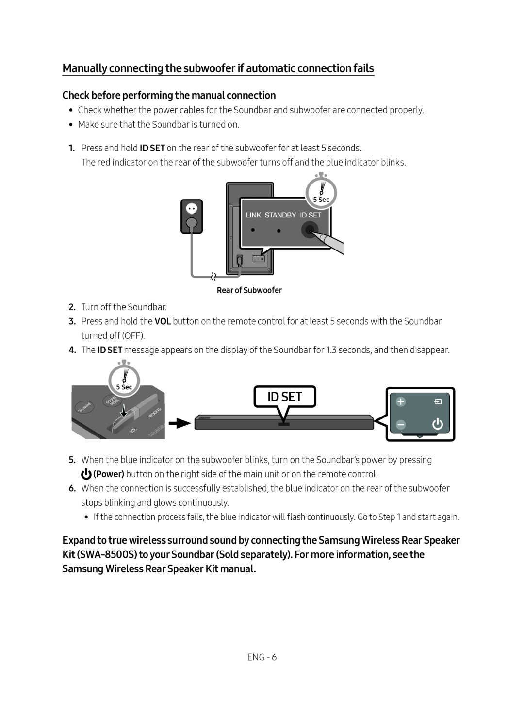 Samsung HW-M450/ZG, HW-M450/EN, HW-M450/ZF manual Id Set, Manually connecting the subwoofer if automatic connection fails 