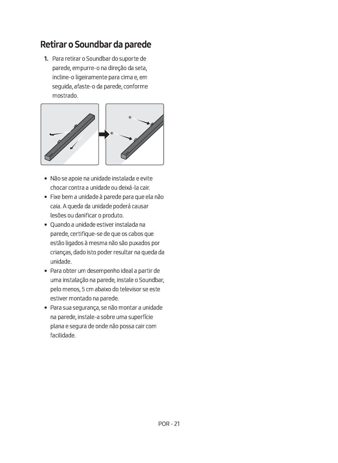 Samsung HW-M450/ZG, HW-M450/EN, HW-M450/ZF manual Retirar o Soundbar da parede 