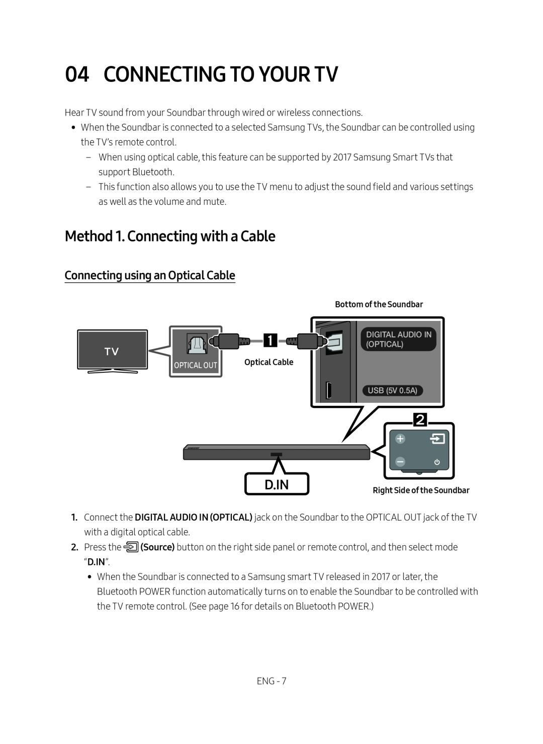 Samsung HW-M450/ZF manual Connecting To Your Tv, Method 1. Connecting with a Cable, D.In, Connecting using an Optical Cable 