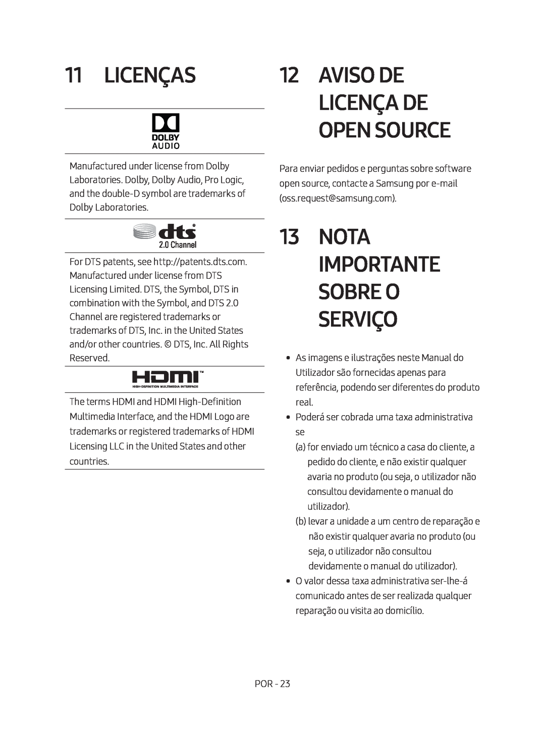 Samsung HW-M450/EN, HW-M450/ZG, HW-M450/ZF manual Licenças, Nota Importante Sobre O Serviço, Aviso De Licença De Open Source 