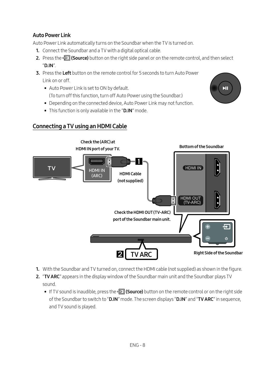 Samsung HW-M450/EN, HW-M450/ZG, HW-M450/ZF manual  Tv Arc, Connecting a TV using an HDMI Cable, Auto Power Link 