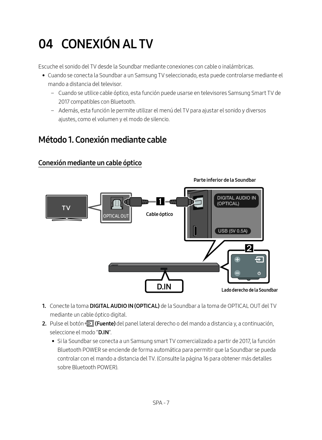 Samsung HW-M450/EN, HW-M450/ZG Conexión Al Tv, Método 1. Conexión mediante cable, Conexión mediante un cable óptico, D.In 