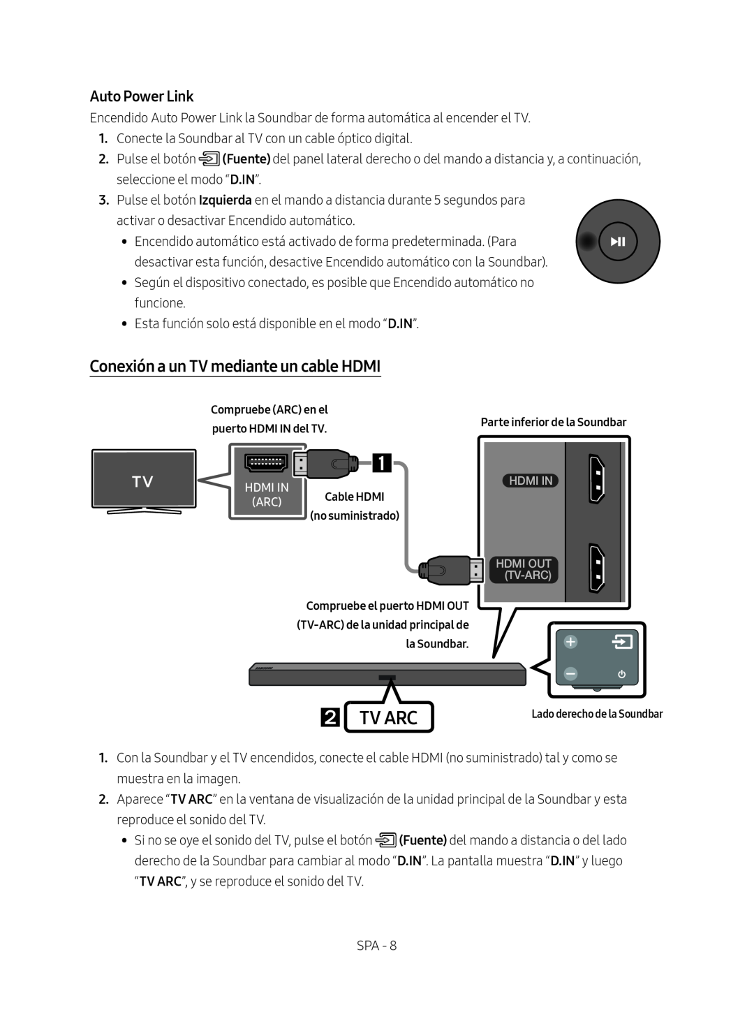 Samsung HW-M450/ZG manual Conexión a un TV mediante un cable HDMI,  Tv Arc, Auto Power Link, Parte inferior de la Soundbar 