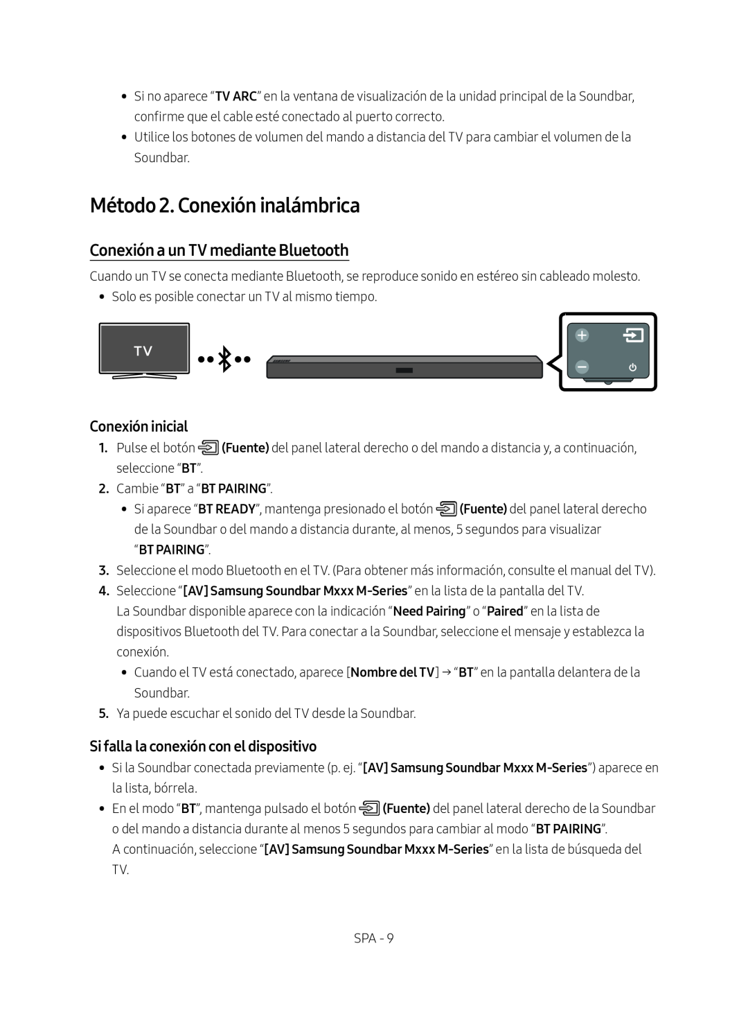 Samsung HW-M450/ZF Método 2. Conexión inalámbrica, Conexión a un TV mediante Bluetooth, Conexión inicial, “Bt Pairing” 