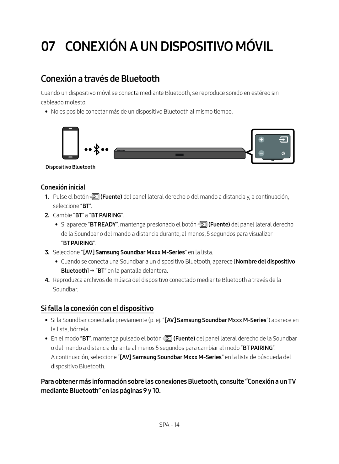 Samsung HW-M450/ZG manual Conexión A Un Dispositivo Móvil, Conexión a través de Bluetooth, Conexión inicial, “Bt Pairing” 
