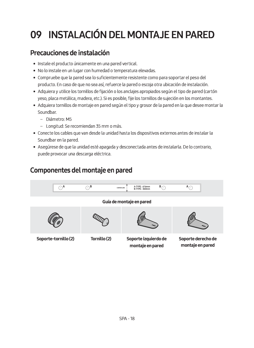 Samsung HW-M450/ZF manual Instalación Del Montaje En Pared, Precauciones de instalación, Componentes del montaje en pared 