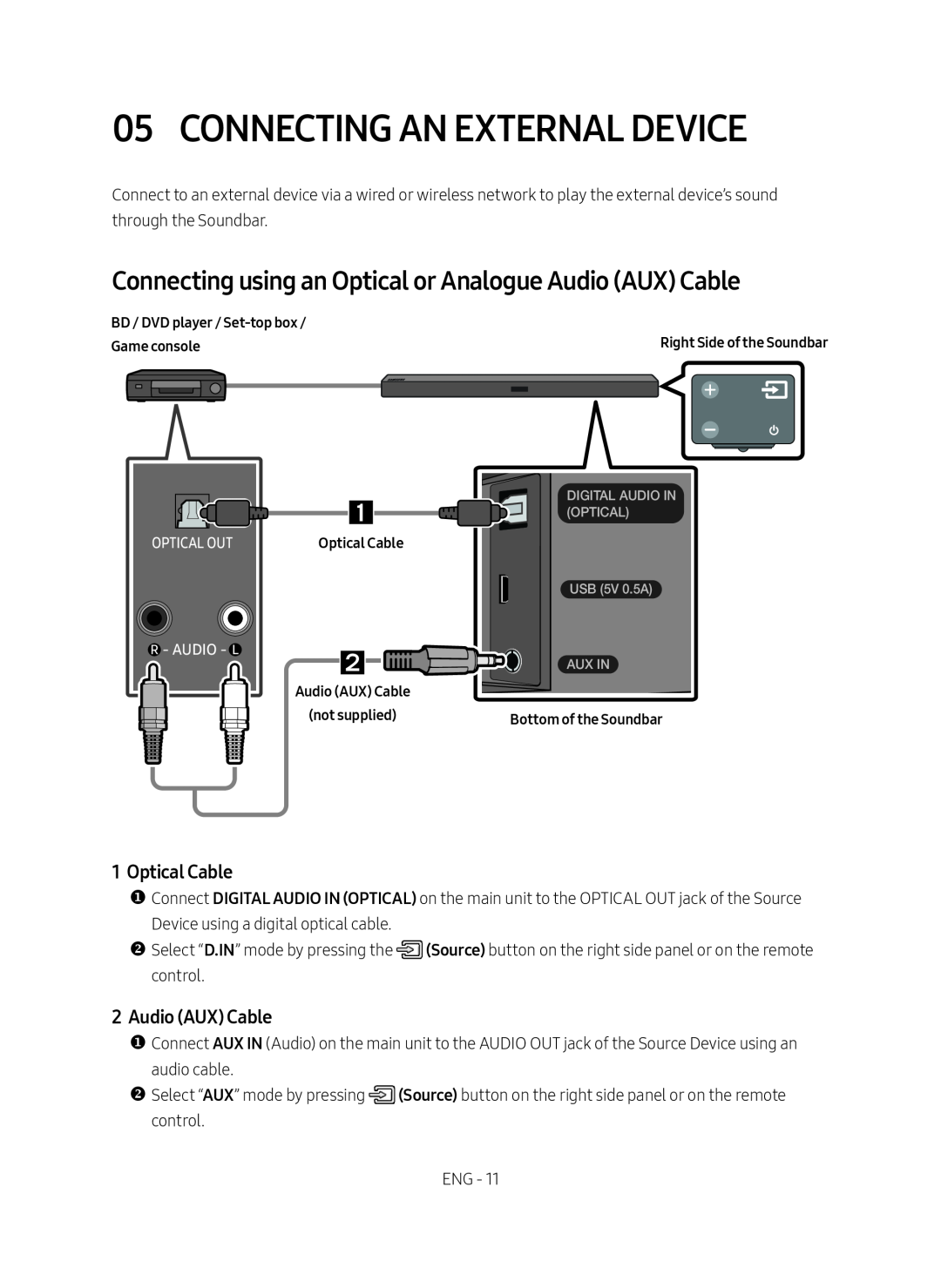 Samsung HW-M450/EN Connecting An External Device, Connecting using an Optical or Analogue Audio AUX Cable, Optical Cable 