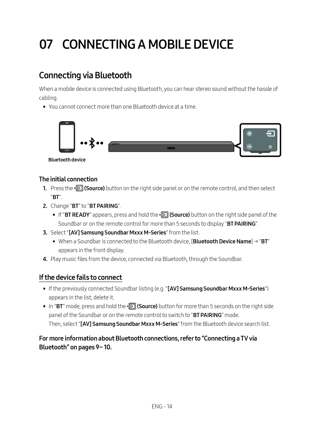 Samsung HW-M450/EN, HW-M450/ZG manual Connecting A Mobile Device, Connecting via Bluetooth, If the device fails to connect 