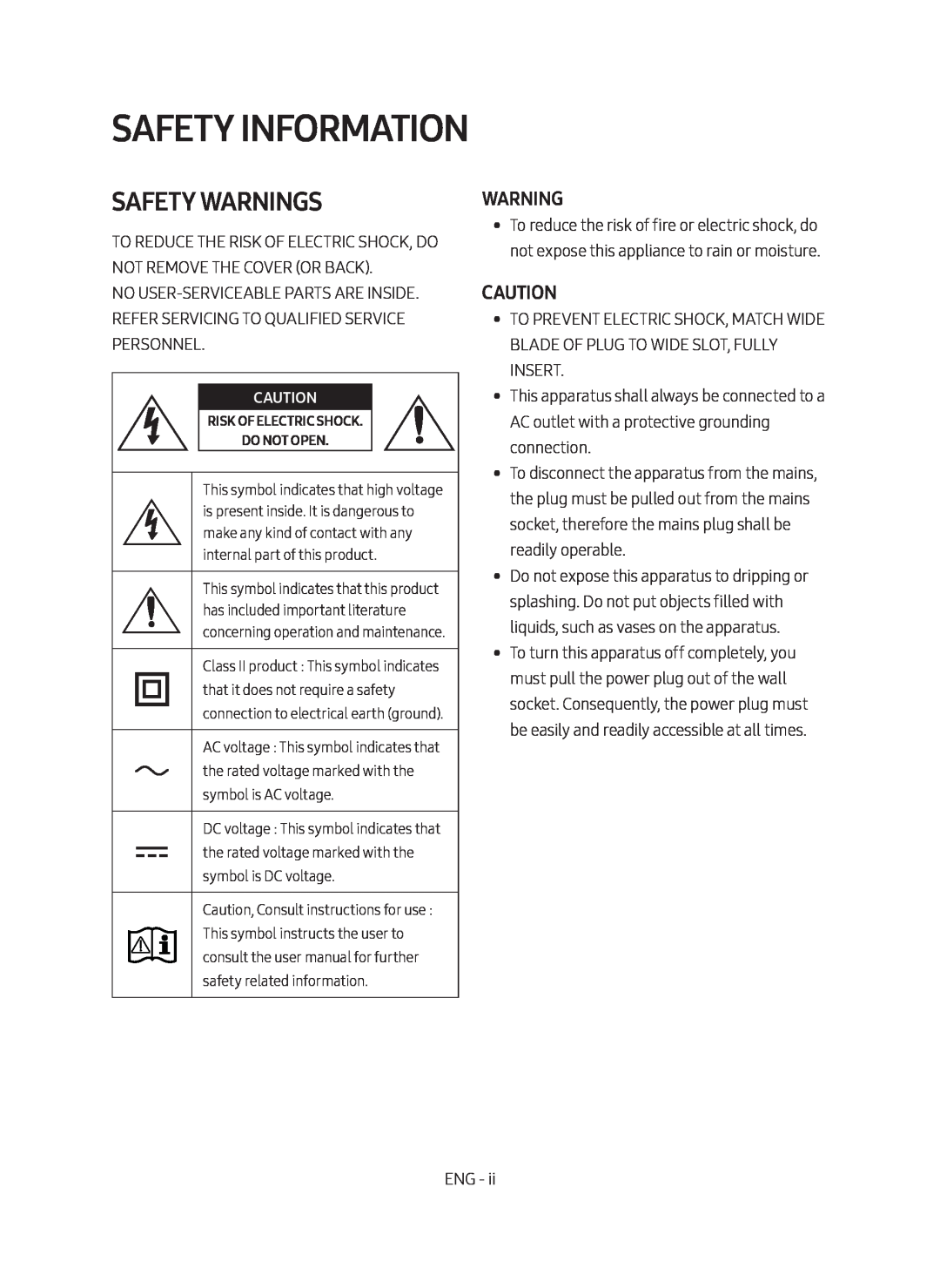 Samsung HW-M450/ZF, HW-M450/EN, HW-M450/ZG manual Safety Information, Safety Warnings 