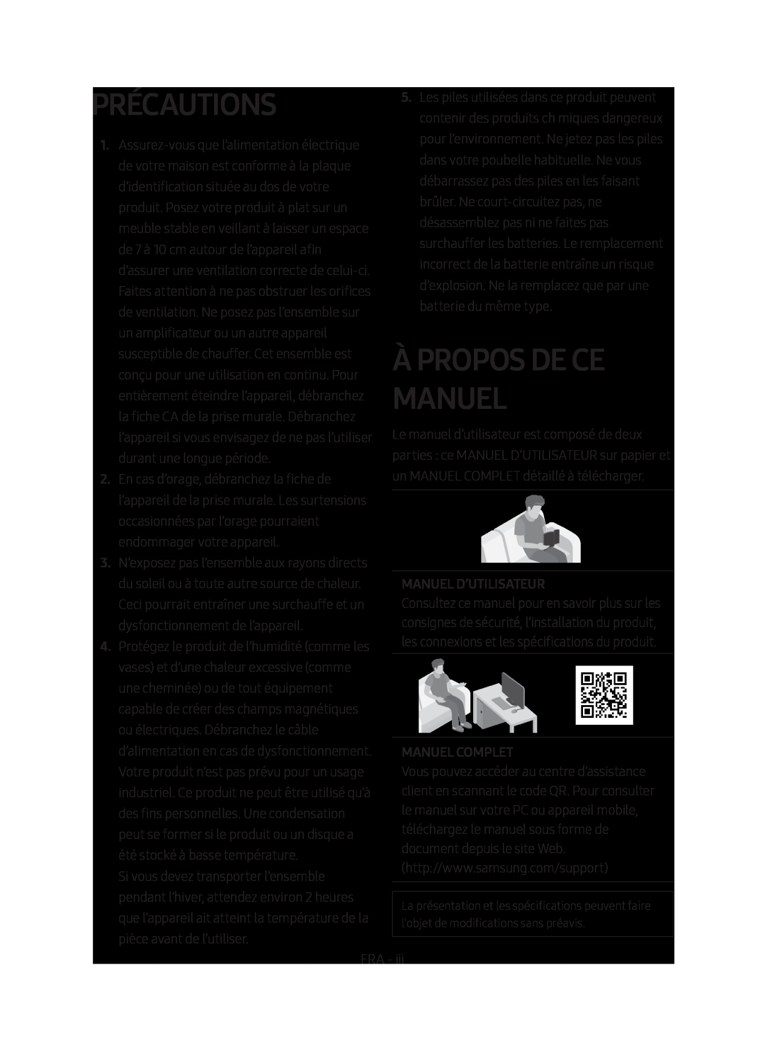 Samsung HW-M450/ZG, HW-M450/EN, HW-M450/ZF manual Précautions, À Propos De Ce Manuel, Manuel D’Utilisateur, Manuel Complet 