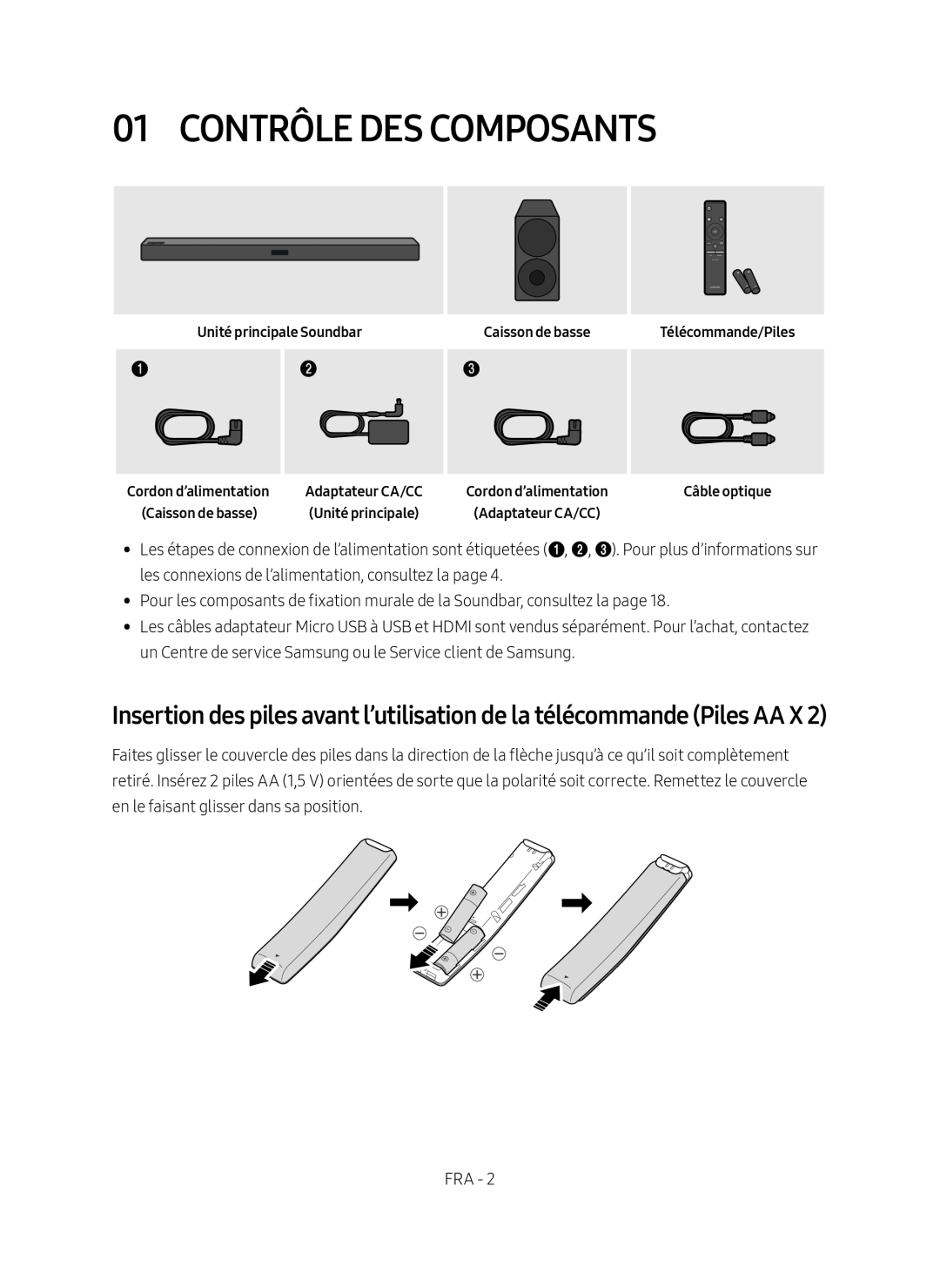 Samsung HW-M450/ZG manual Contrôle Des Composants, Insertion des piles avant l’utilisation de la télécommande Piles AA X 