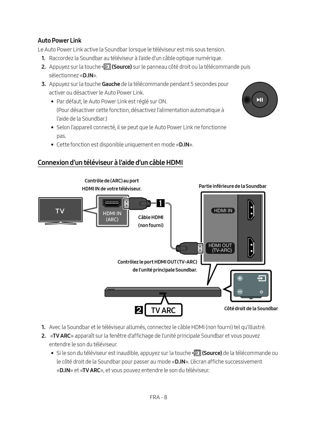 Samsung HW-M450/ZG manual Connexion d’un téléviseur à l’aide d’un câble HDMI,  Tv Arc, Auto Power Link, Hdmi In, Tv-Arc 