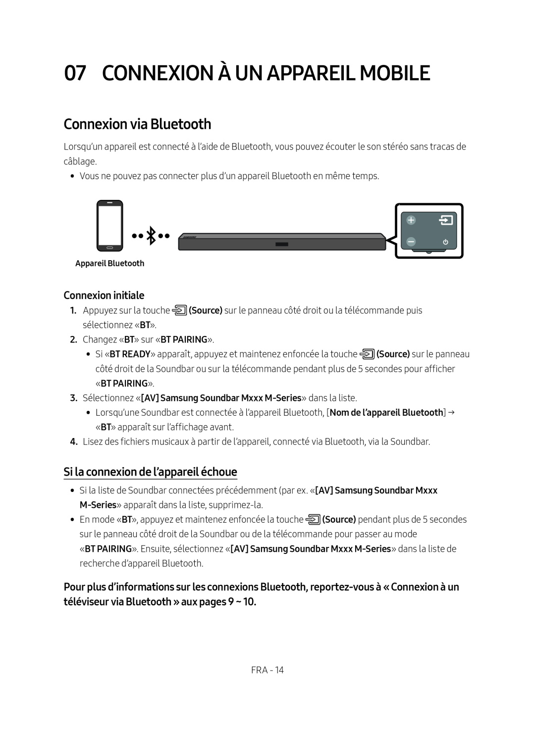 Samsung HW-M450/ZG manual Connexion À Un Appareil Mobile, Connexion via Bluetooth, Si la connexion de l’appareil échoue 