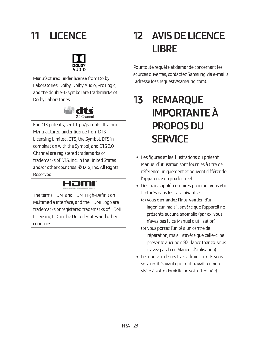 Samsung HW-M450/ZG, HW-M450/EN, HW-M450/ZF manual Remarque Importante À Propos Du Service, Avis De Licence Libre 