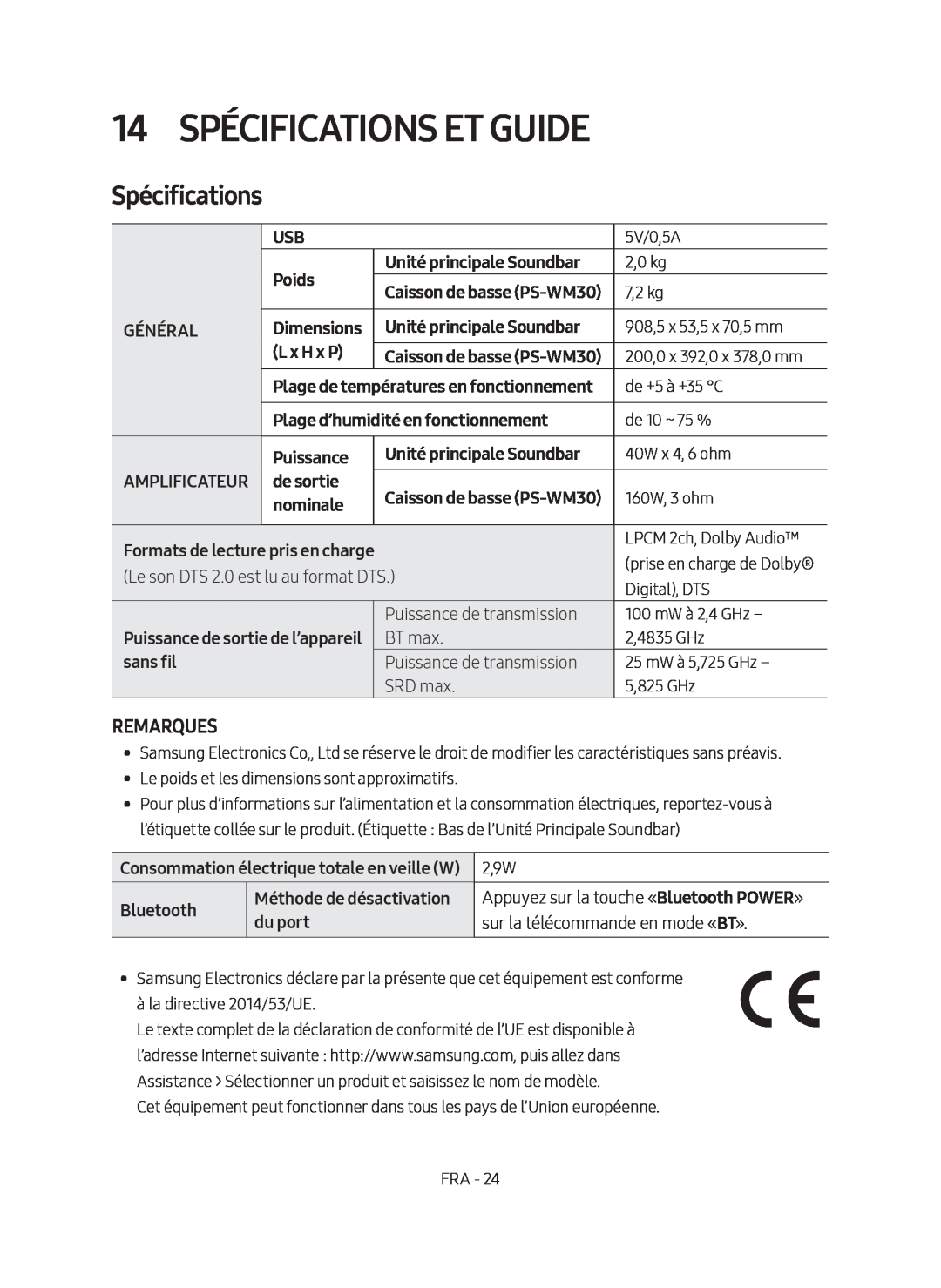 Samsung HW-M450/ZF manual 14 SPÉCIFICATIONS ET GUIDE, Spécifications, Remarques, Poids, Unité principale Soundbar, Général 