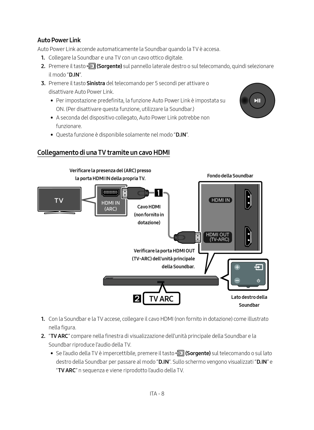 Samsung HW-M450/ZF Collegamento di una TV tramite un cavo HDMI,  Tv Arc, Auto Power Link, Fondo della Soundbar, Cavo HDMI 