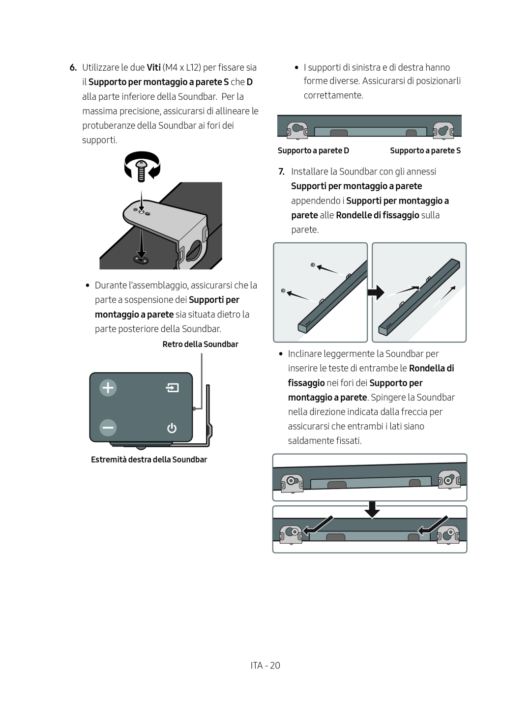 Samsung HW-M450/ZF manual Retro della Soundbar Estremità destra della Soundbar, Supporto a parete D, Supporto a parete S 