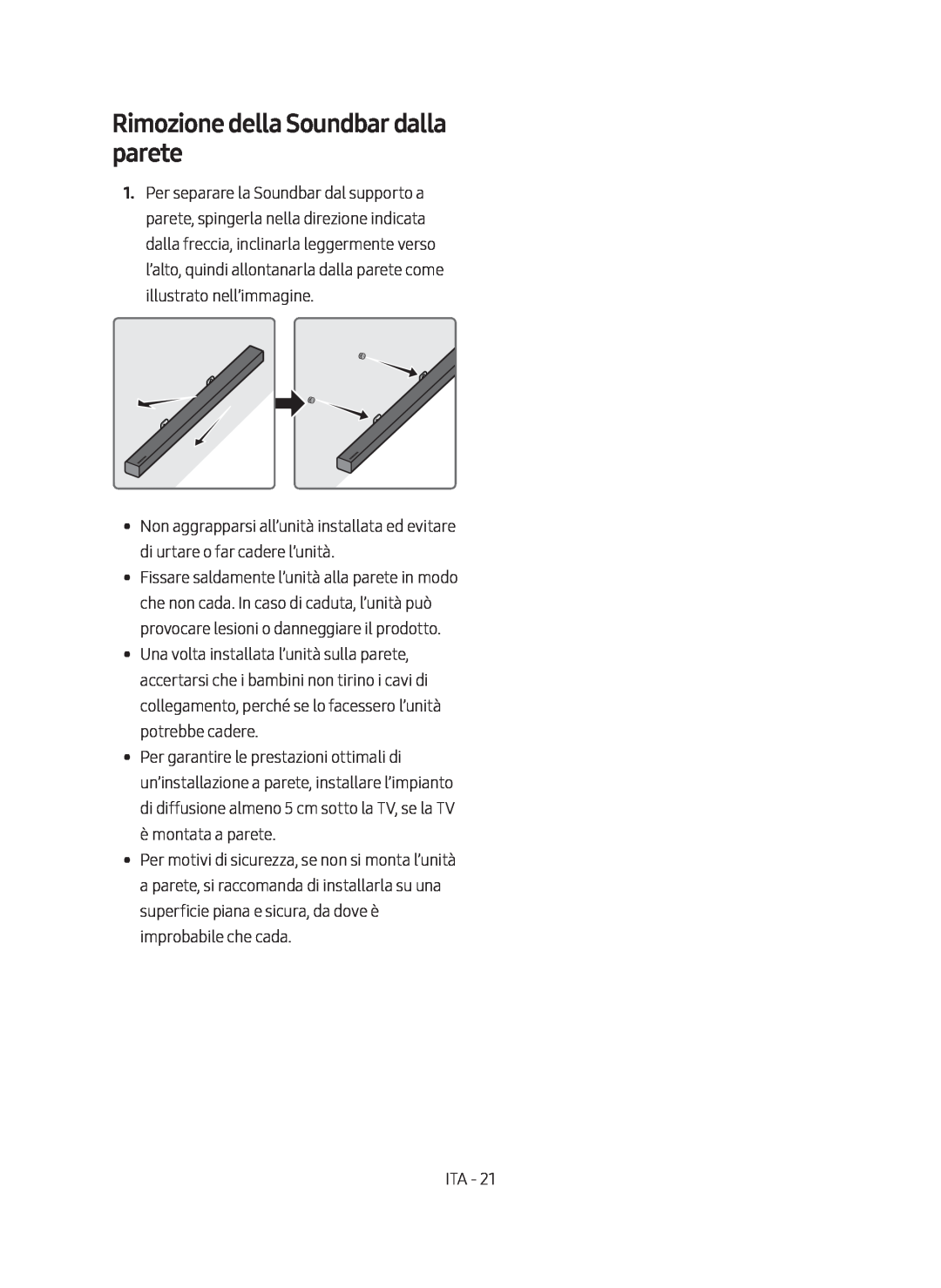 Samsung HW-M450/EN, HW-M450/ZG, HW-M450/ZF manual Rimozione della Soundbar dalla parete 