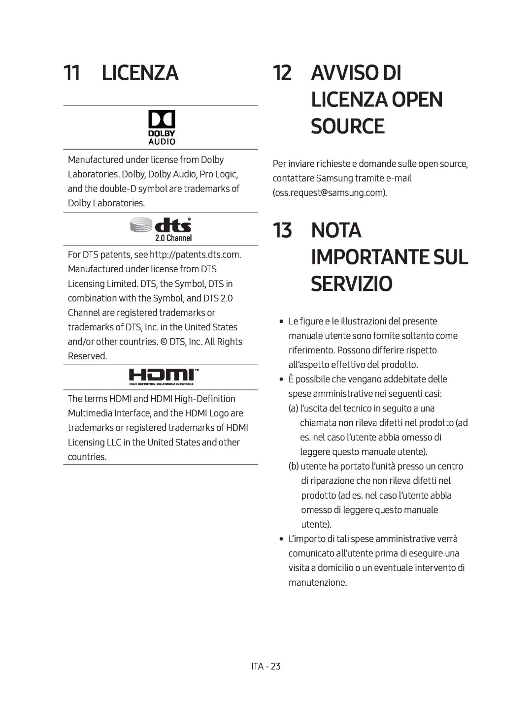 Samsung HW-M450/ZF, HW-M450/EN, HW-M450/ZG manual Nota Importante Sul Servizio, Avviso Di Licenza Open Source 