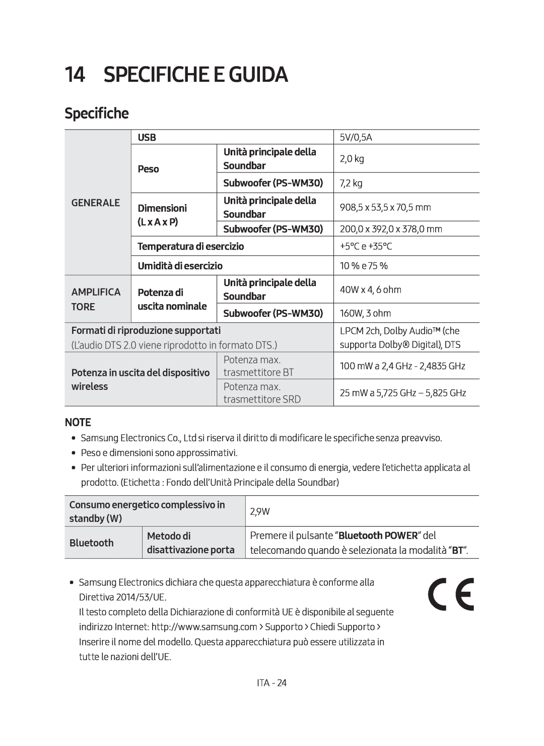 Samsung HW-M450/EN Specifiche E Guida, Unità principale della, Peso, Soundbar, Generale, Dimensioni, L x A x P, Amplifica 