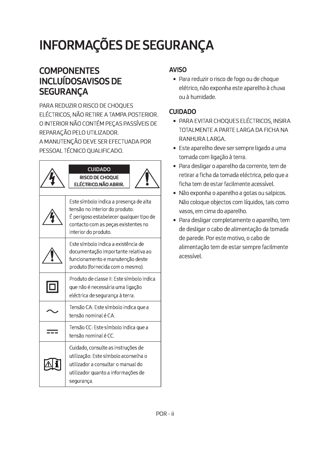 Samsung HW-M450/ZF, HW-M450/EN manual Informações De Segurança, Componentes Incluídosavisos De Segurança, Aviso, Cuidado 