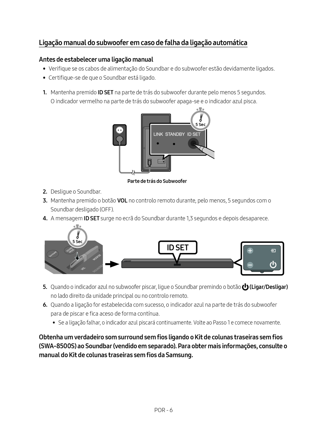 Samsung HW-M450/ZG, HW-M450/EN, HW-M450/ZF Ligação manual do subwoofer em caso de falha da ligação automática, Id Set 
