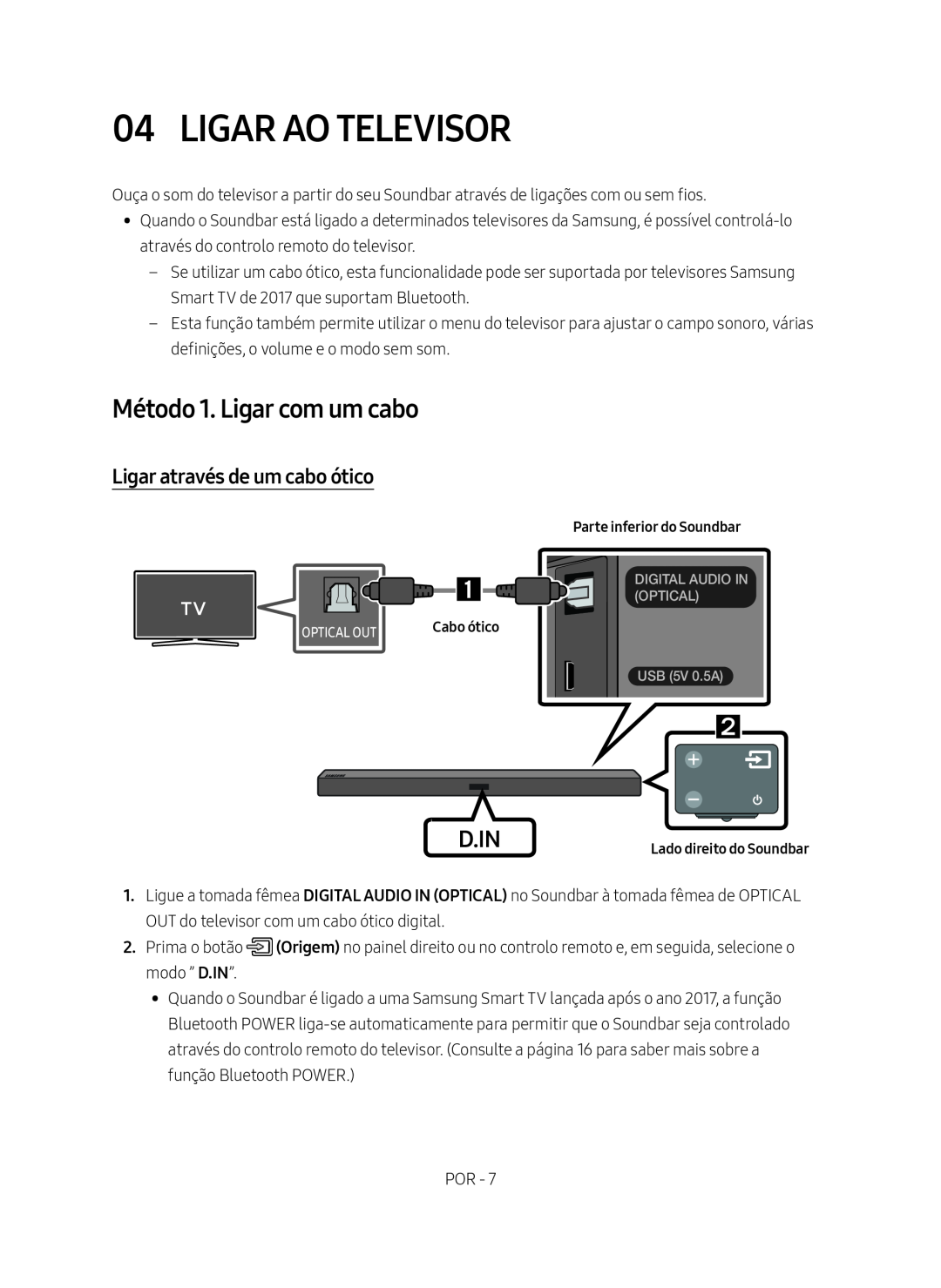 Samsung HW-M450/ZF, HW-M450/EN manual Ligar Ao Televisor, Método 1. Ligar com um cabo, Ligar através de um cabo ótico, D.In 