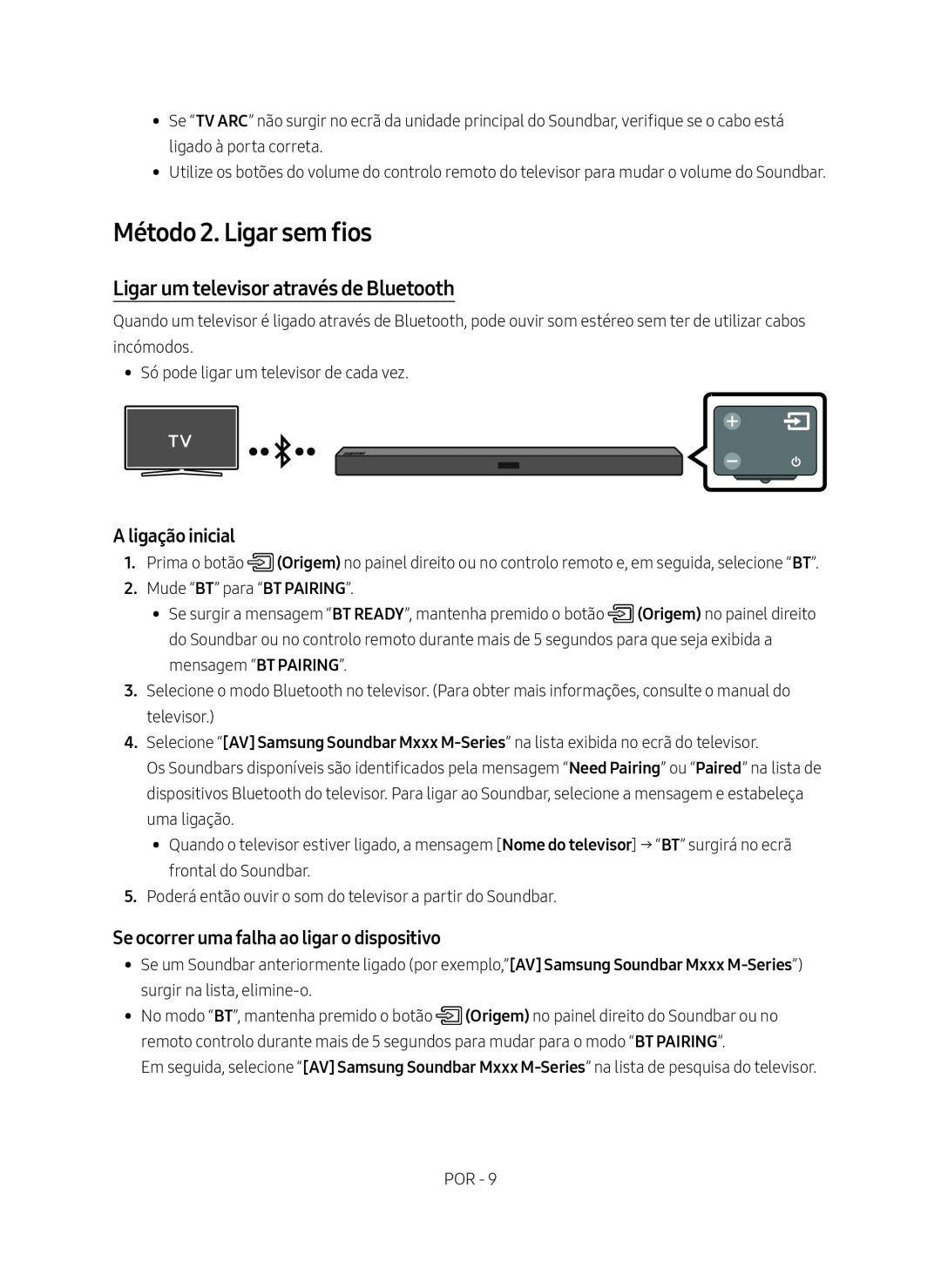 Samsung HW-M450/ZG, HW-M450/EN manual Método 2. Ligar sem fios, Ligar um televisor através de Bluetooth, A ligação inicial 