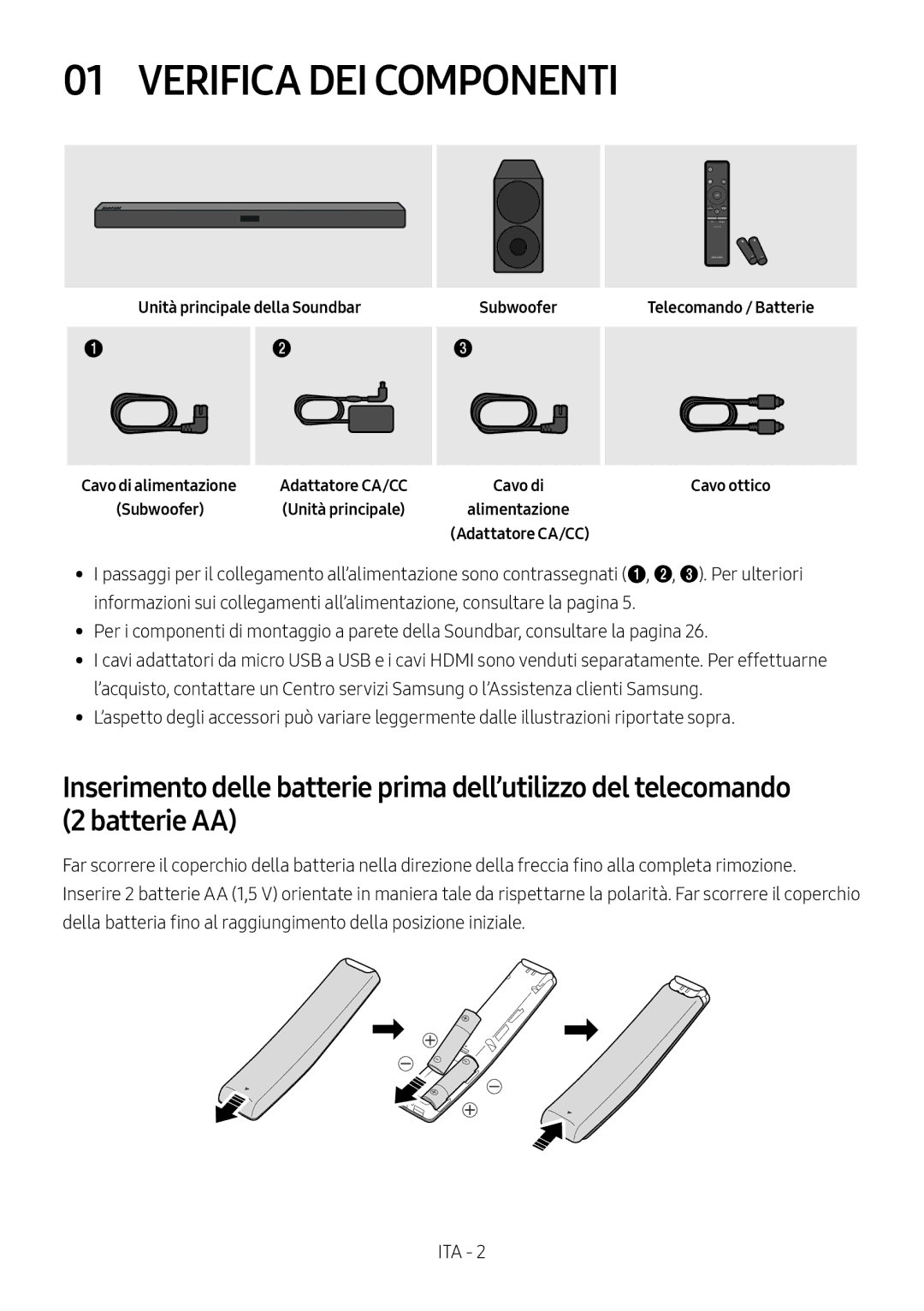 Samsung HW-M450/ZG, HW-M450/EN manual Verifica DEI Componenti, Unità principale della Soundbar Subwoofer 