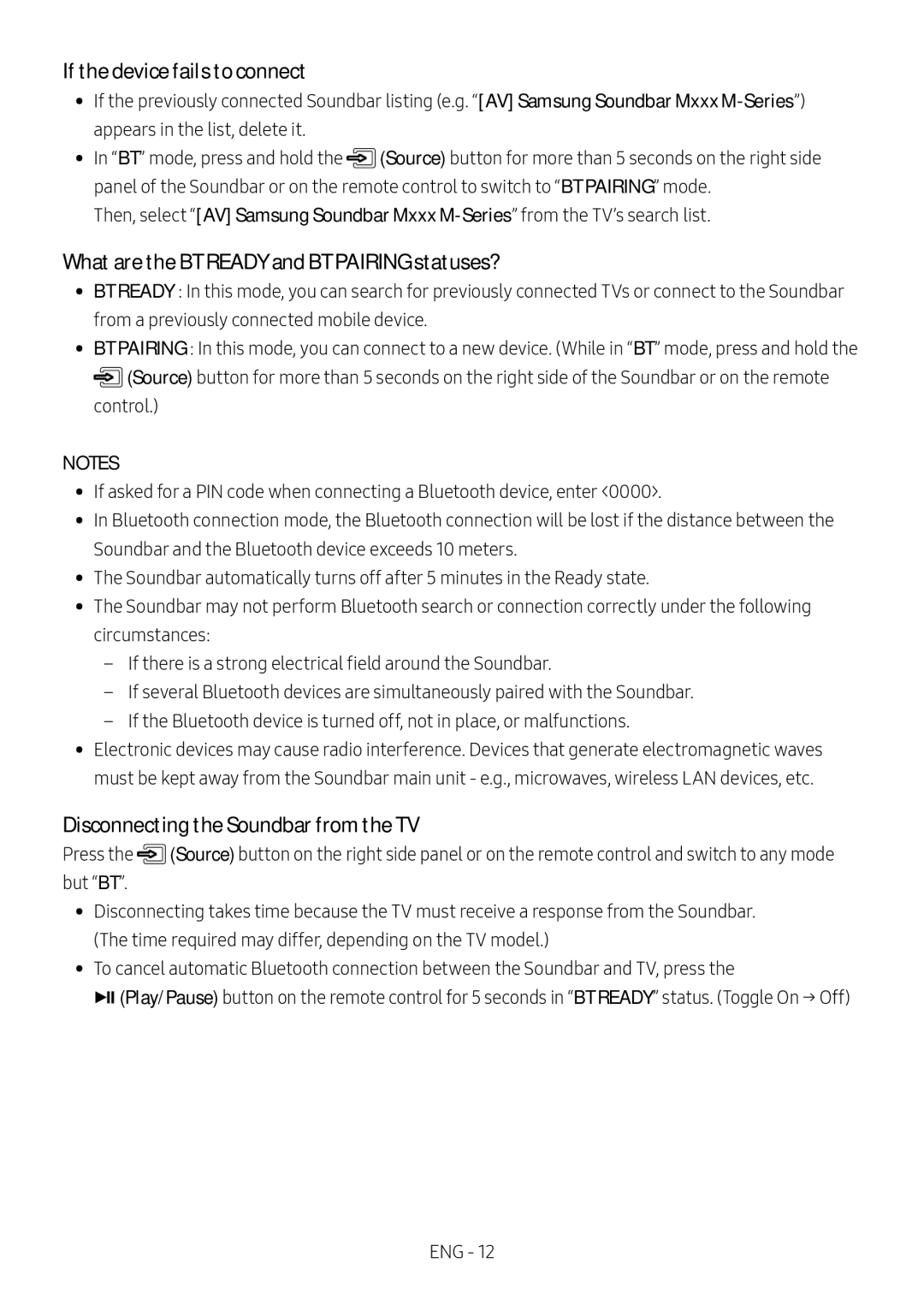 Samsung HW-M450/EN, HW-M450/ZG manual If the device fails to connect, What are the BT Ready and BT Pairing statuses? 