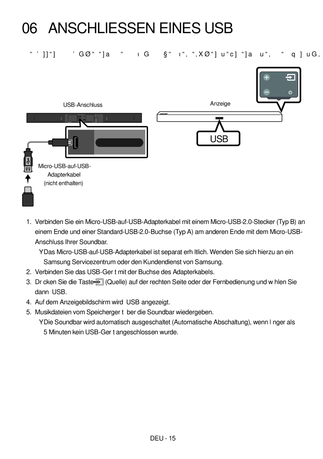 Samsung HW-M450/EN manual Anschliessen Eines USB, USB-Anschluss Anzeige, Micro-USB-auf-USB Adapterkabel Nicht enthalten 