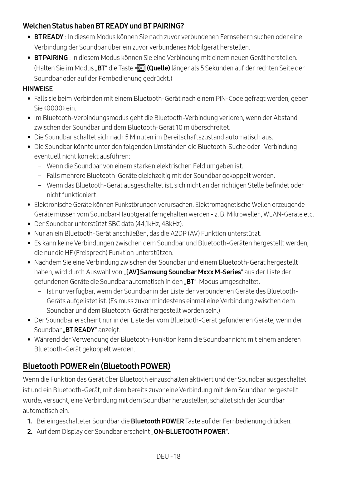 Samsung HW-M450/ZG, HW-M450/EN manual Bluetooth Power ein Bluetooth Power, Welchen Status haben BT Ready und BT PAIRING? 