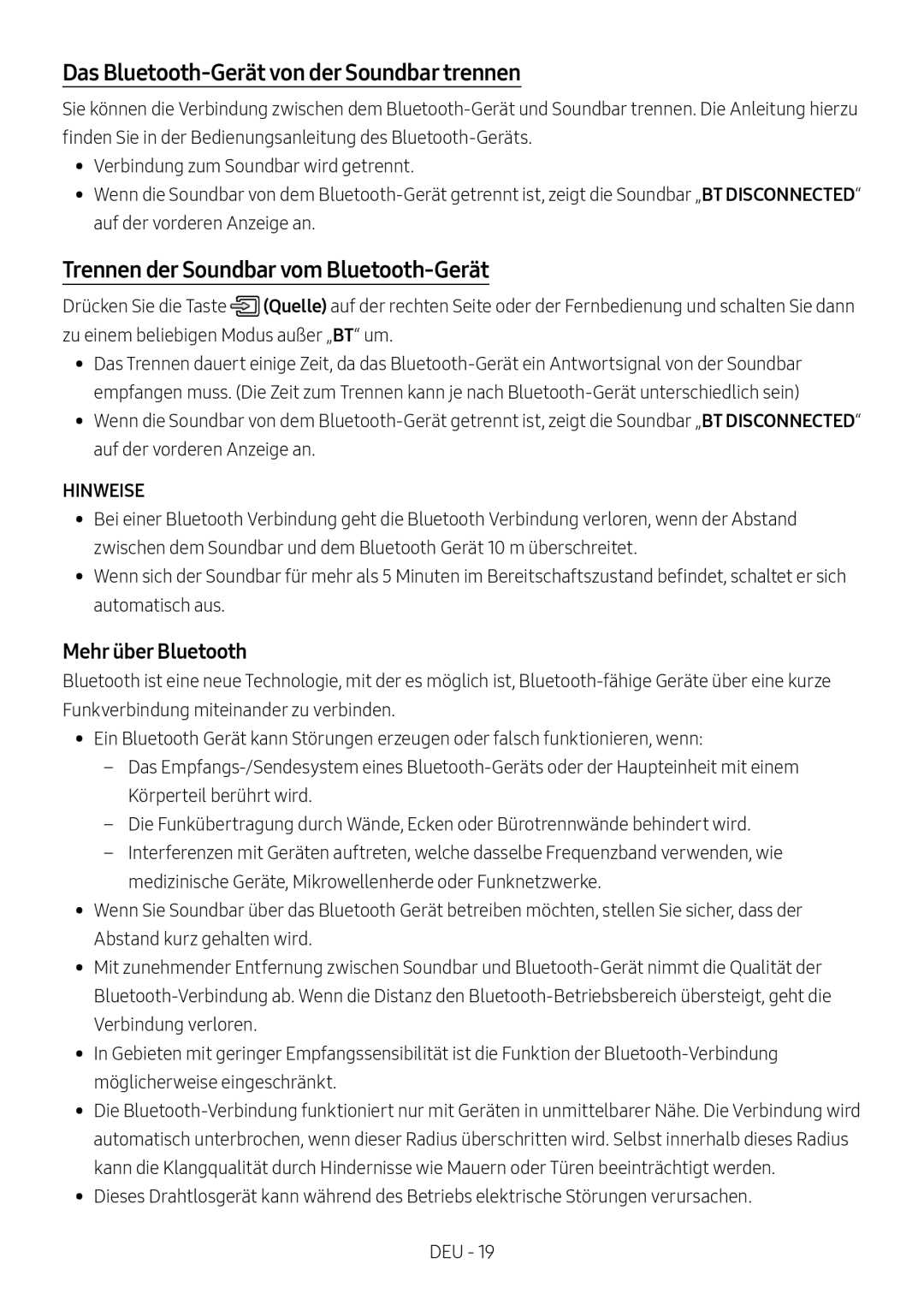 Samsung HW-M450/EN, HW-M450/ZG manual Das Bluetooth-Gerät von der Soundbar trennen, Trennen der Soundbar vom Bluetooth-Gerät 