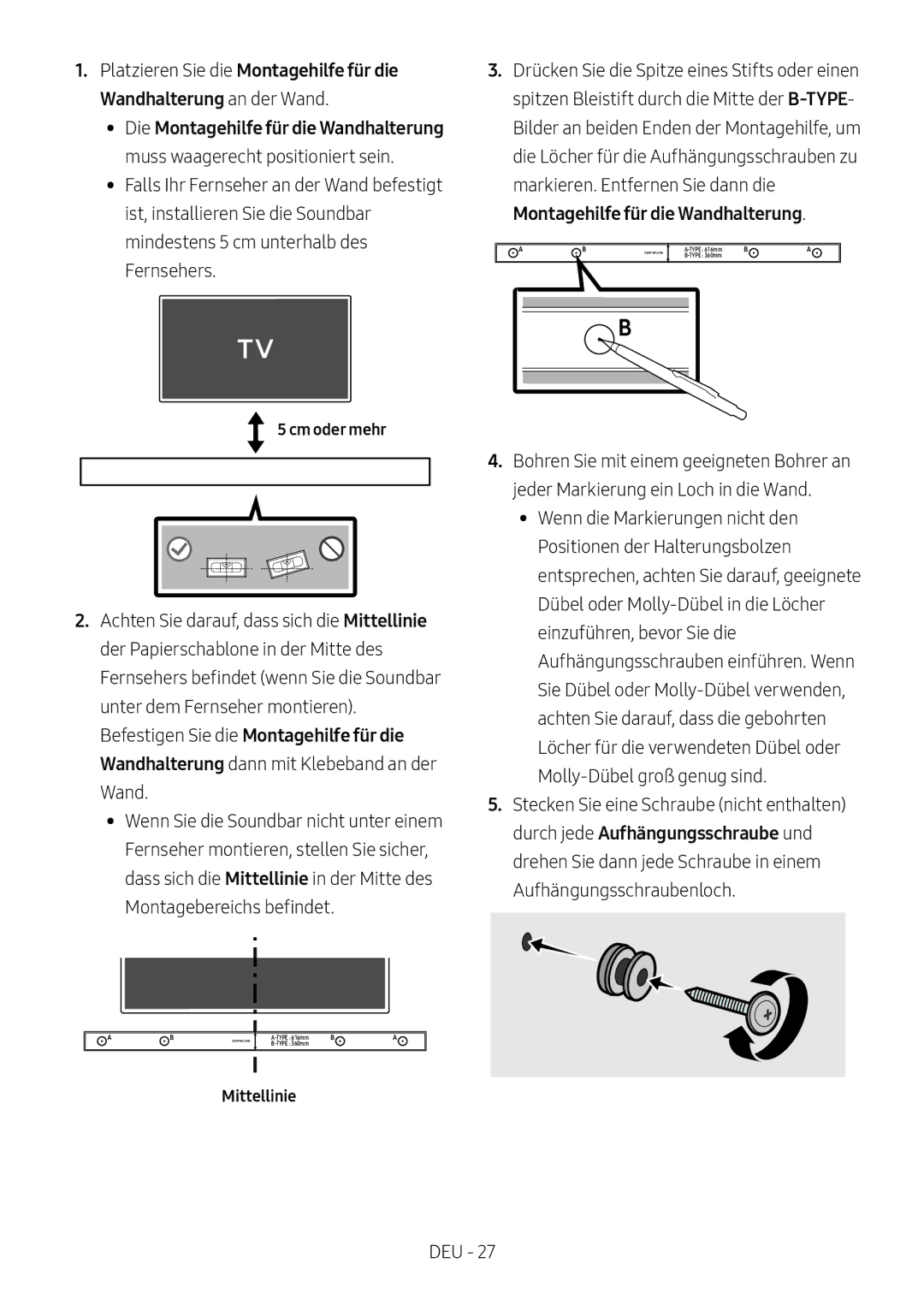 Samsung HW-M450/EN, HW-M450/ZG manual Cm oder mehr, Mittellinie 