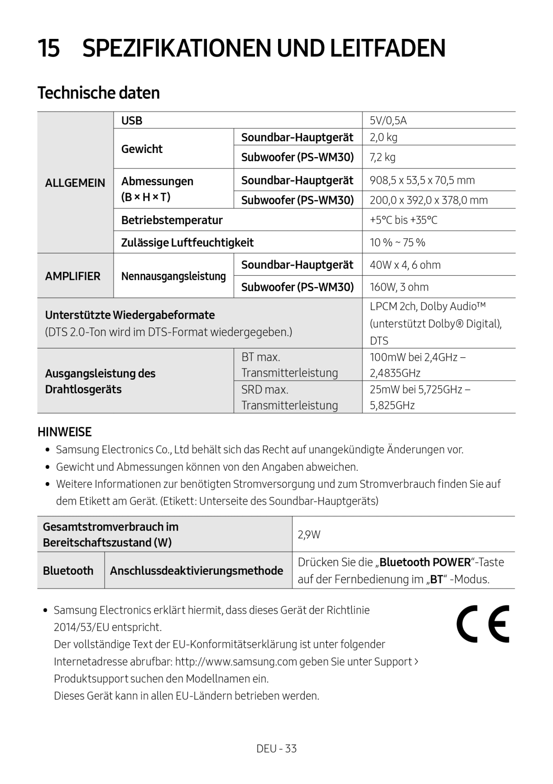 Samsung HW-M450/EN, HW-M450/ZG manual Spezifikationen UND Leitfaden, Technische daten 