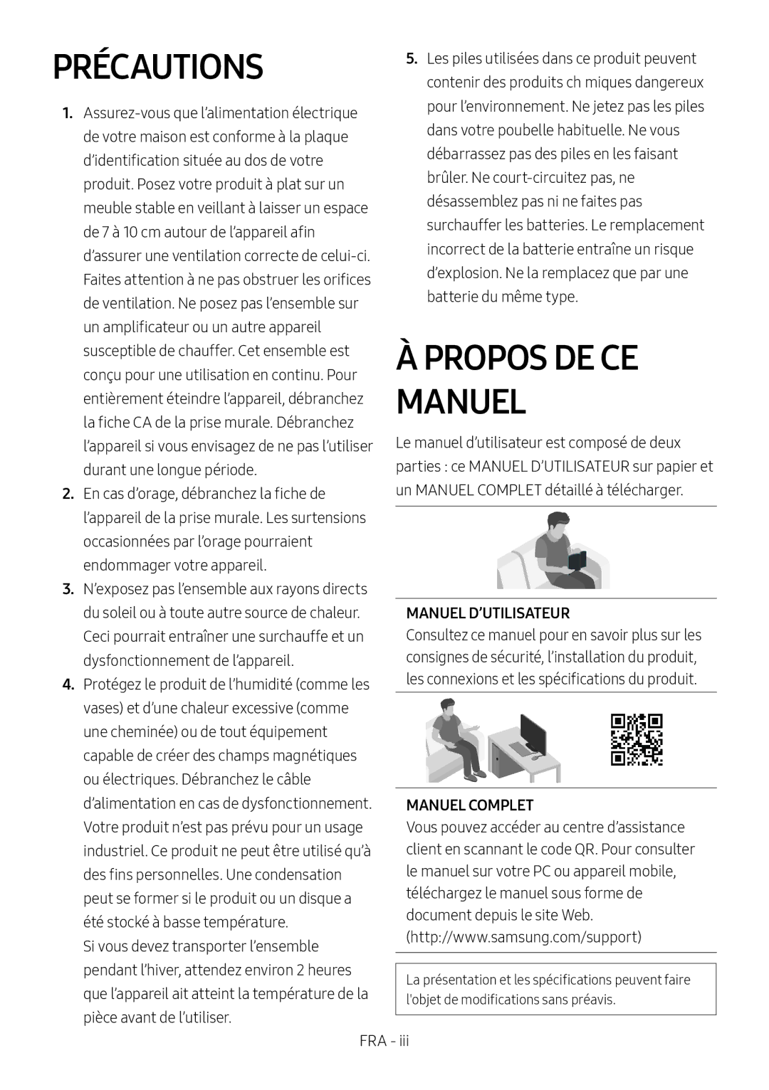 Samsung HW-M450/ZG, HW-M450/EN manual Précautions, Propos DE CE Manuel, Manuel D’UTILISATEUR, Manuel Complet 