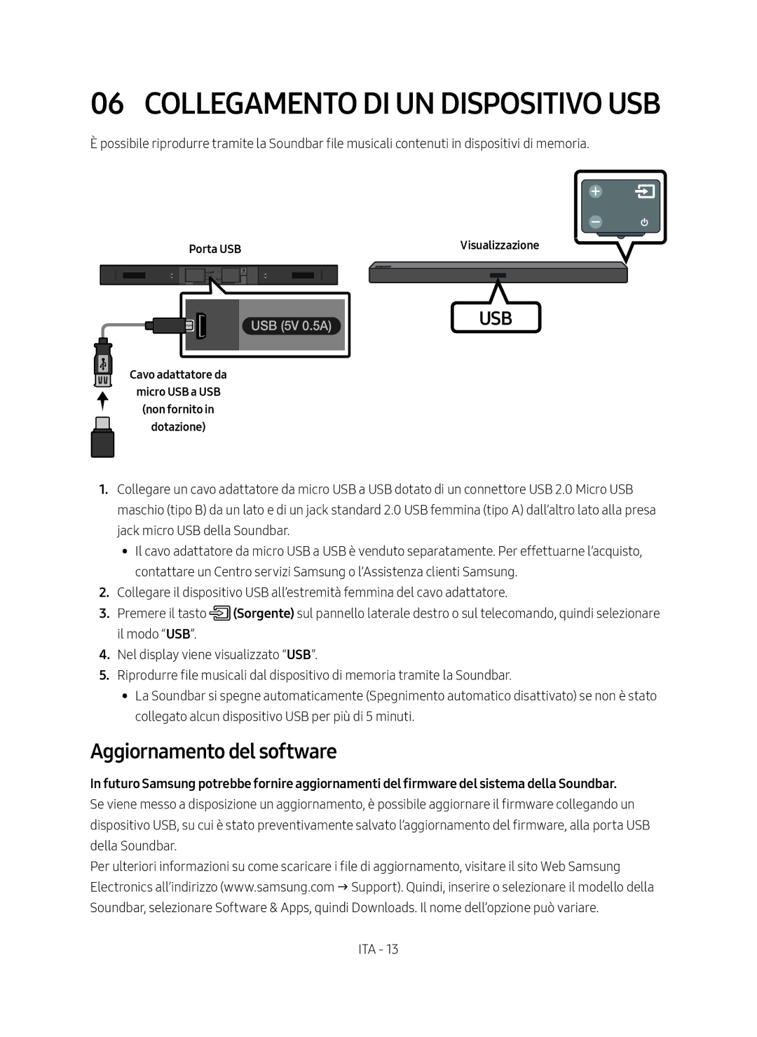 Samsung HW-M450/ZG, HW-M450/EN Collegamento di un dispositivo USB, Aggiornamento del software, Porta USB Visualizzazione 