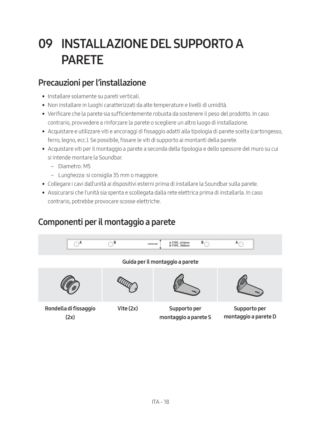 Samsung HW-M450/EN, HW-M450/ZG Installazione del supporto a parete, Precauzioni per l’installazione, Vite Supporto per 