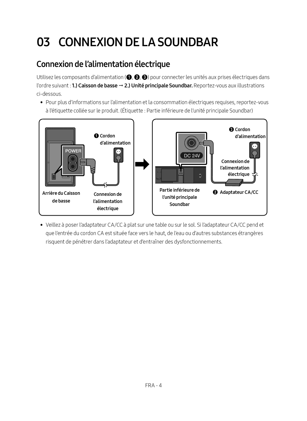 Samsung HW-M450/EN, HW-M450/ZG manual Connexion de la Soundbar, Connexion de l’alimentation électrique, Cordon ’alimentation 