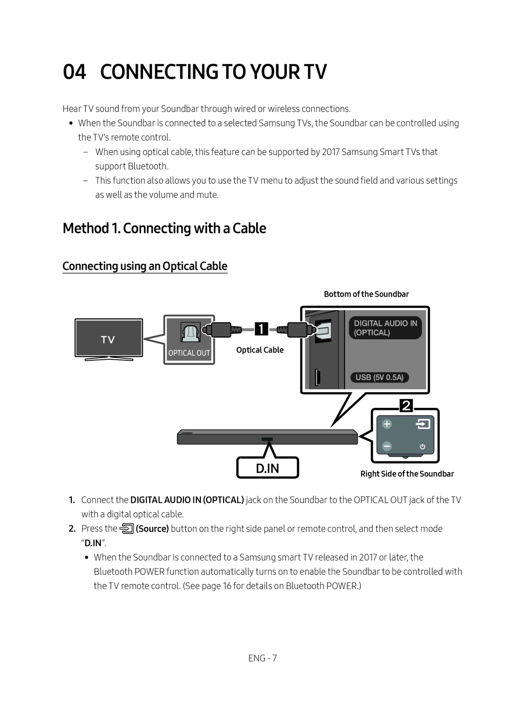 Samsung HW-M450/EN manual Connecting to your TV, Method 1. Connecting with a Cable, Connecting using an Optical Cable 