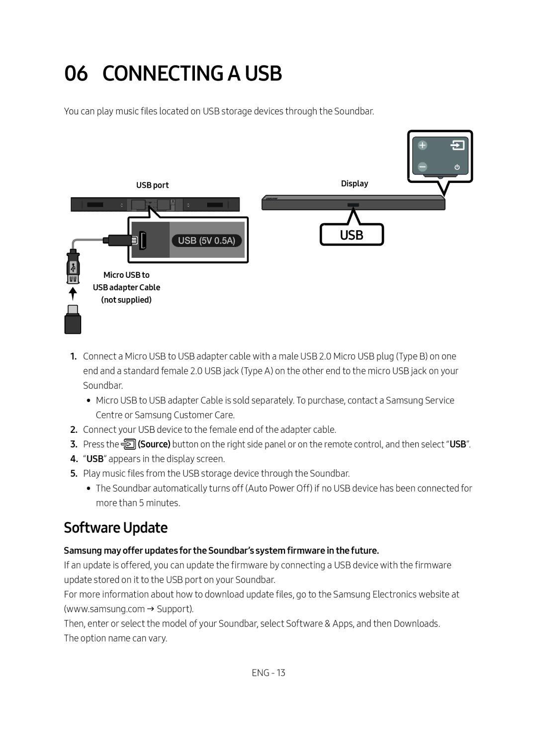 Samsung HW-M450/EN manual Connecting a USB, Software Update, USB port Display, Micro USB to USB adapter Cable Not supplied 