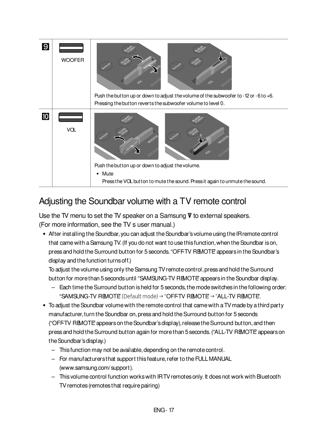 Samsung HW-M450/EN manual Adjusting the Soundbar volume with a TV remote control, Mute 