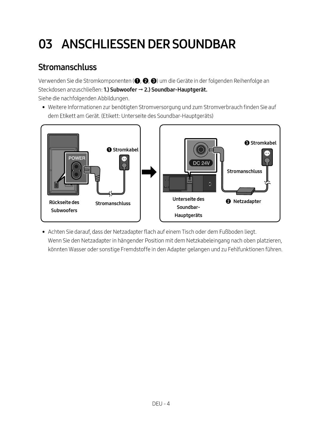 Samsung HW-M450/EN manual Anschliessen der Soundbar, 1Stromkabel, 3Stromkabel Stromanschluss, Netzadapter 