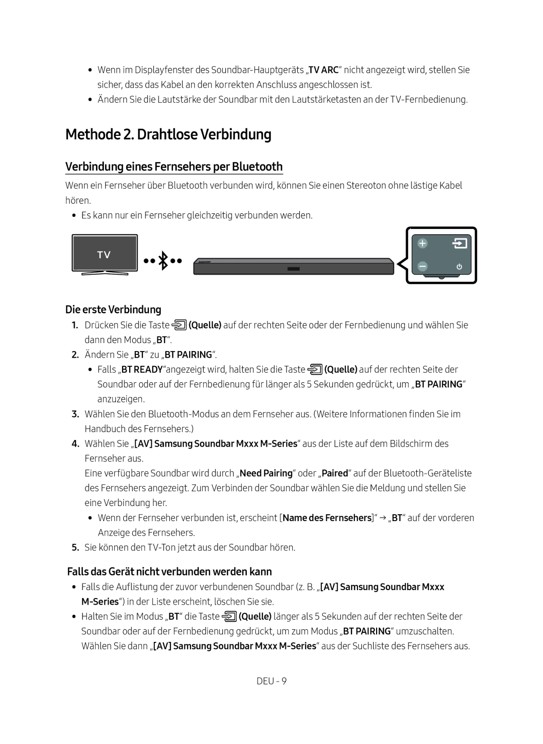 Samsung HW-M450/EN manual Methode 2. Drahtlose Verbindung, Verbindung eines Fernsehers per Bluetooth, Die erste Verbindung 