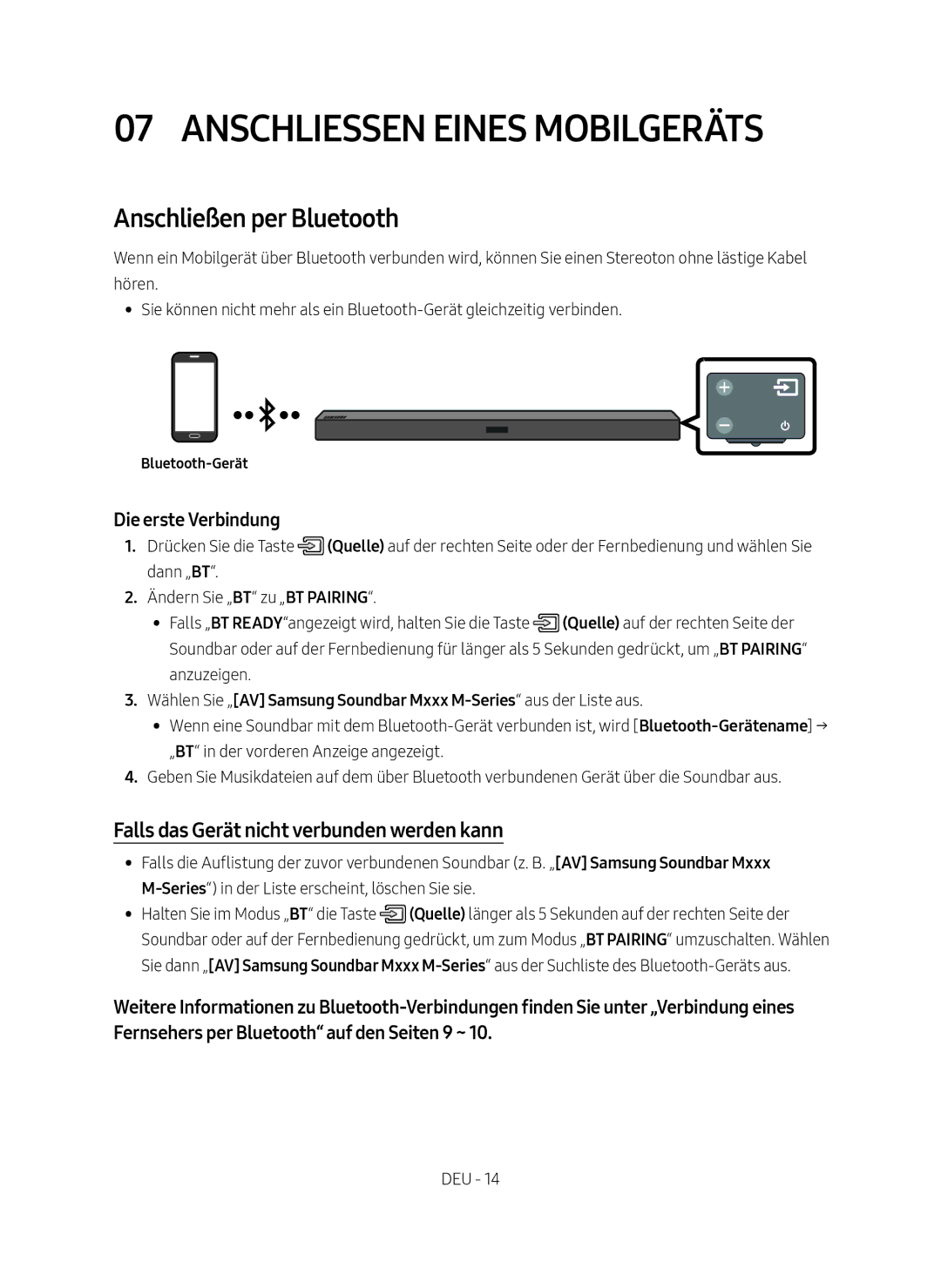 Samsung HW-M450/EN Anschliessen eines Mobilgeräts, Anschließen per Bluetooth, Falls das Gerät nicht verbunden werden kann 